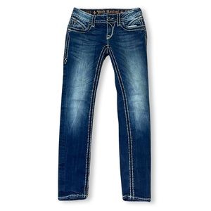 Rock Revival women’s 28 Scarlett skinny fit faded denim blue jeans inseam 30in